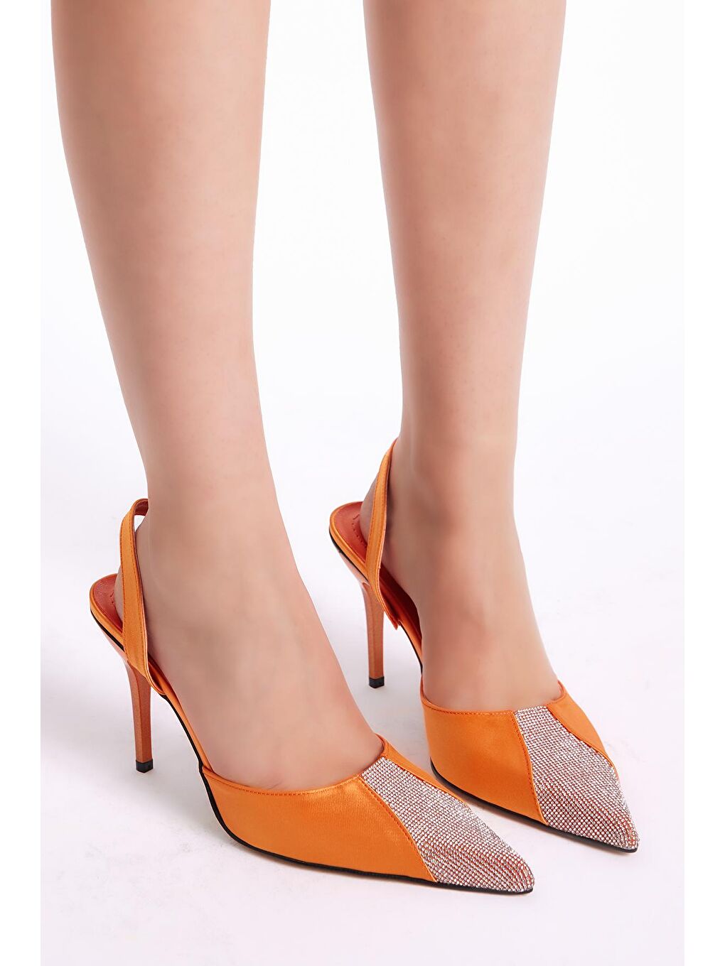 Turuncu Kadın Oranj Gecce Serisi Önü Taş İşlemeli Sivri Burunlu Topluklu Ayakkabı-2