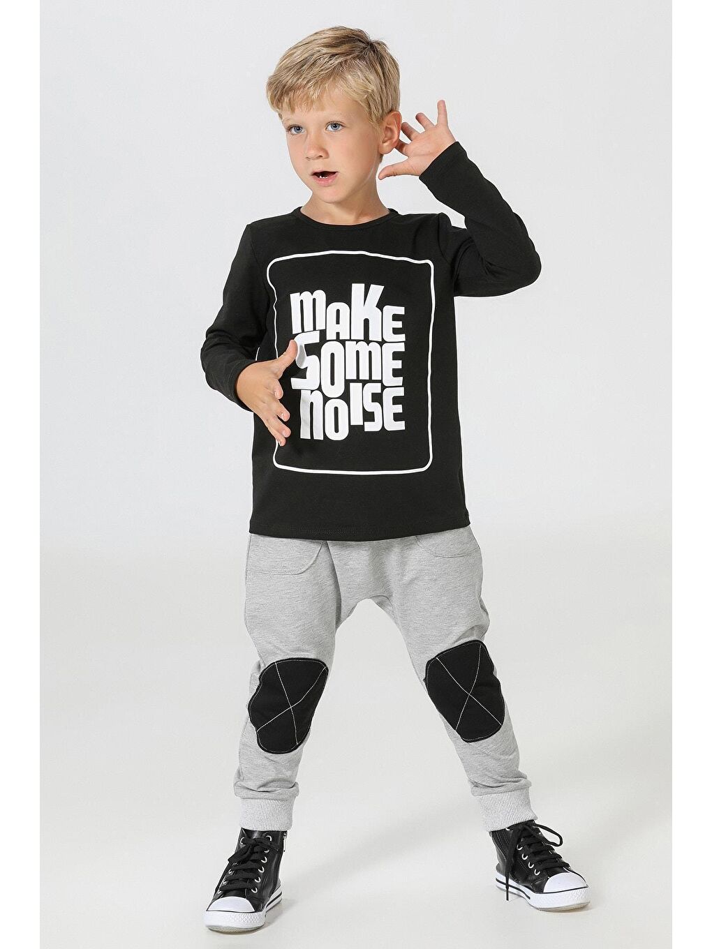 LupiaKids Siyah-Gri Make Noise Cepli Pantolon+Tshirt Takım