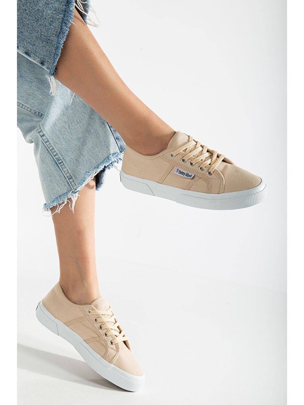 Kadın Bej Rahat Kalıp Krep Taban Bağcıklı Keten Günlük Ayakkabı-1