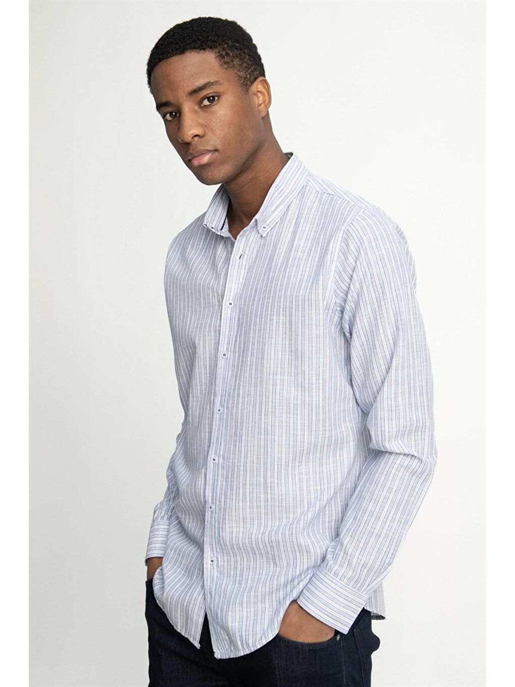 Slim Fit Uzun Kol Çizgili Keten Düğmeli Yaka Spor Erkek Mavi Gömlek