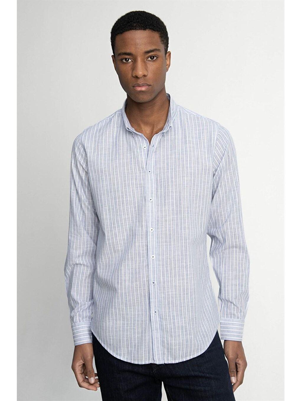 Slim Fit Uzun Kol Çizgili Keten Düğmeli Yaka Spor Erkek Mavi Gömlek-1