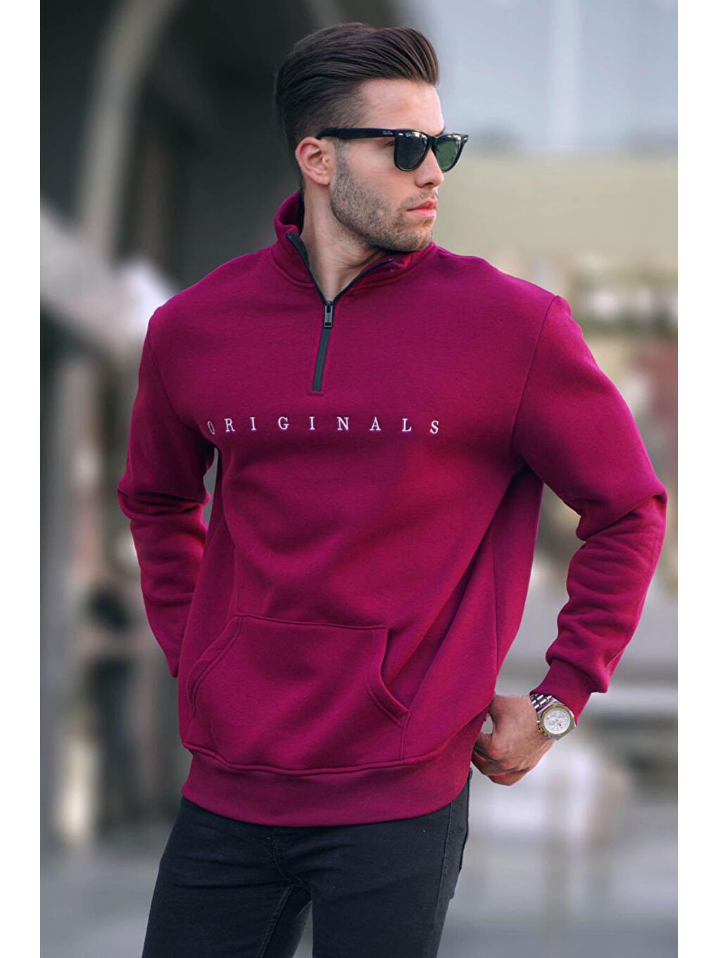 Madmext Bordo Fermuar Yaka Nakışlı Sweatshirt 6028