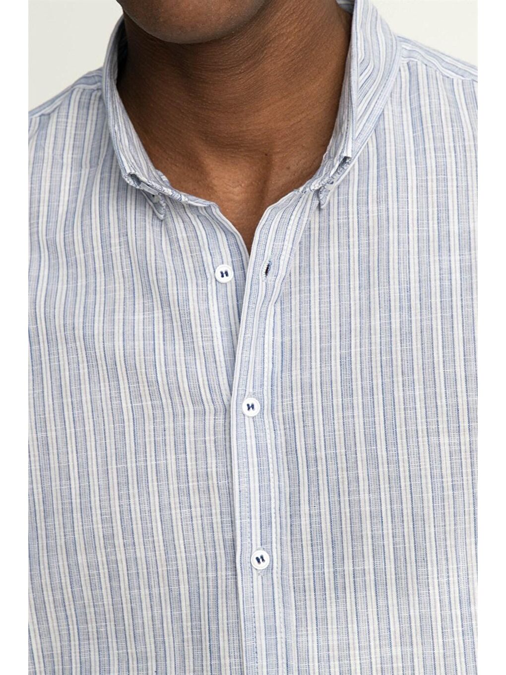 Slim Fit Uzun Kol Çizgili Keten Düğmeli Yaka Spor Erkek Mavi Gömlek-2