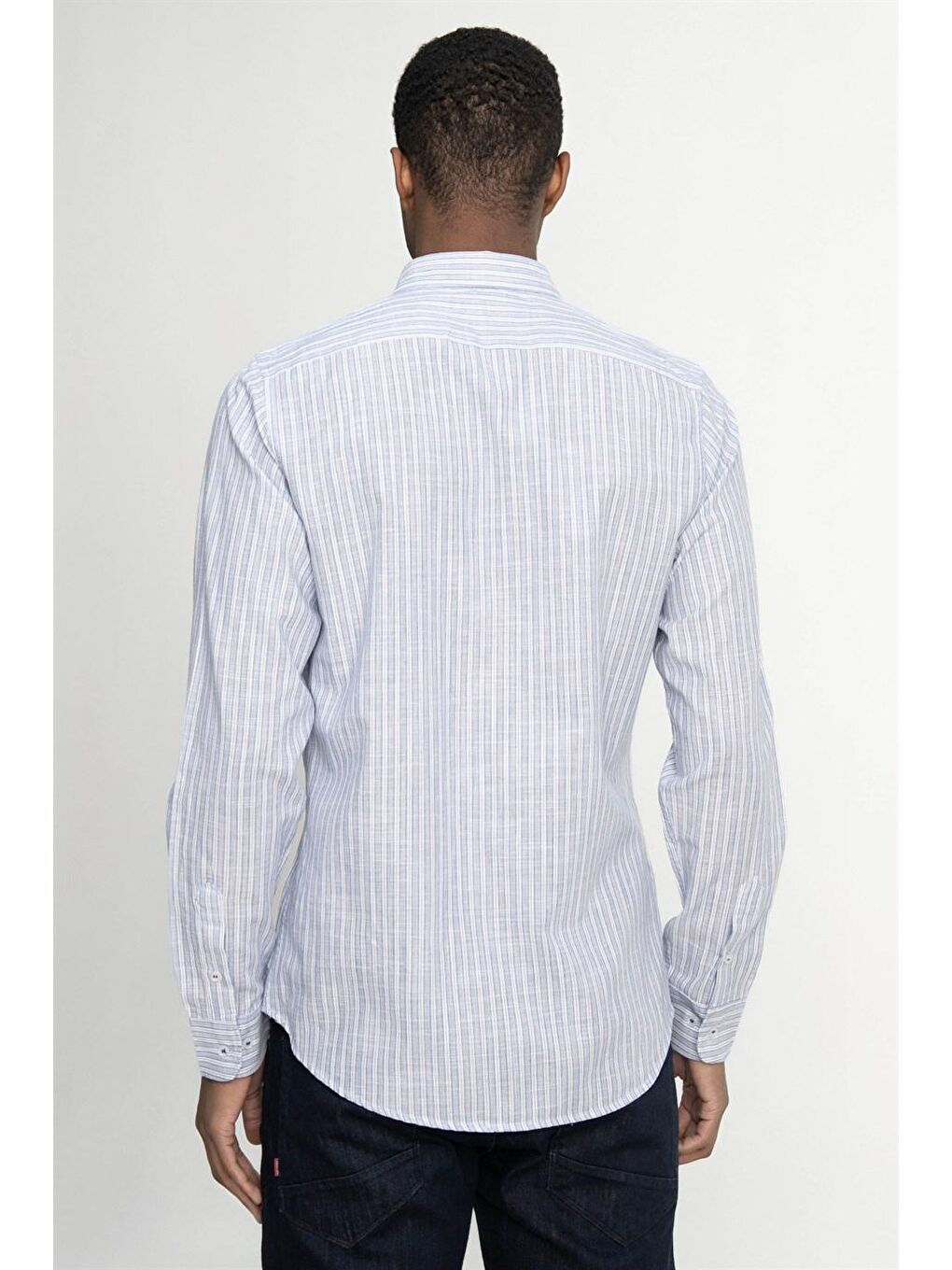 Slim Fit Uzun Kol Çizgili Keten Düğmeli Yaka Spor Erkek Mavi Gömlek-3