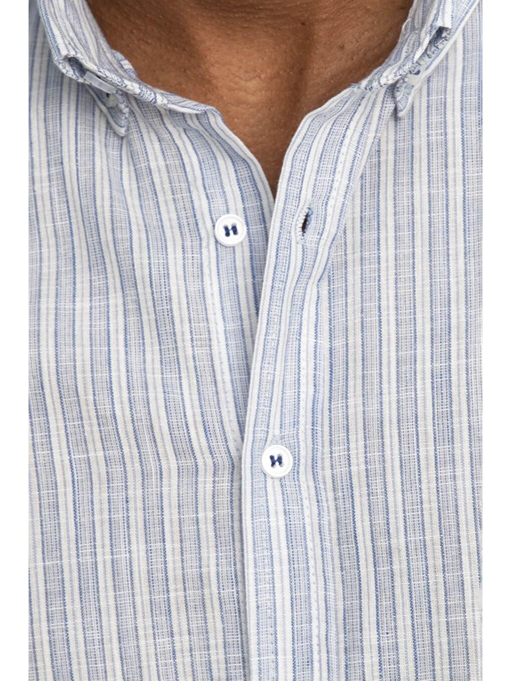 Slim Fit Uzun Kol Çizgili Keten Düğmeli Yaka Spor Erkek Mavi Gömlek-4