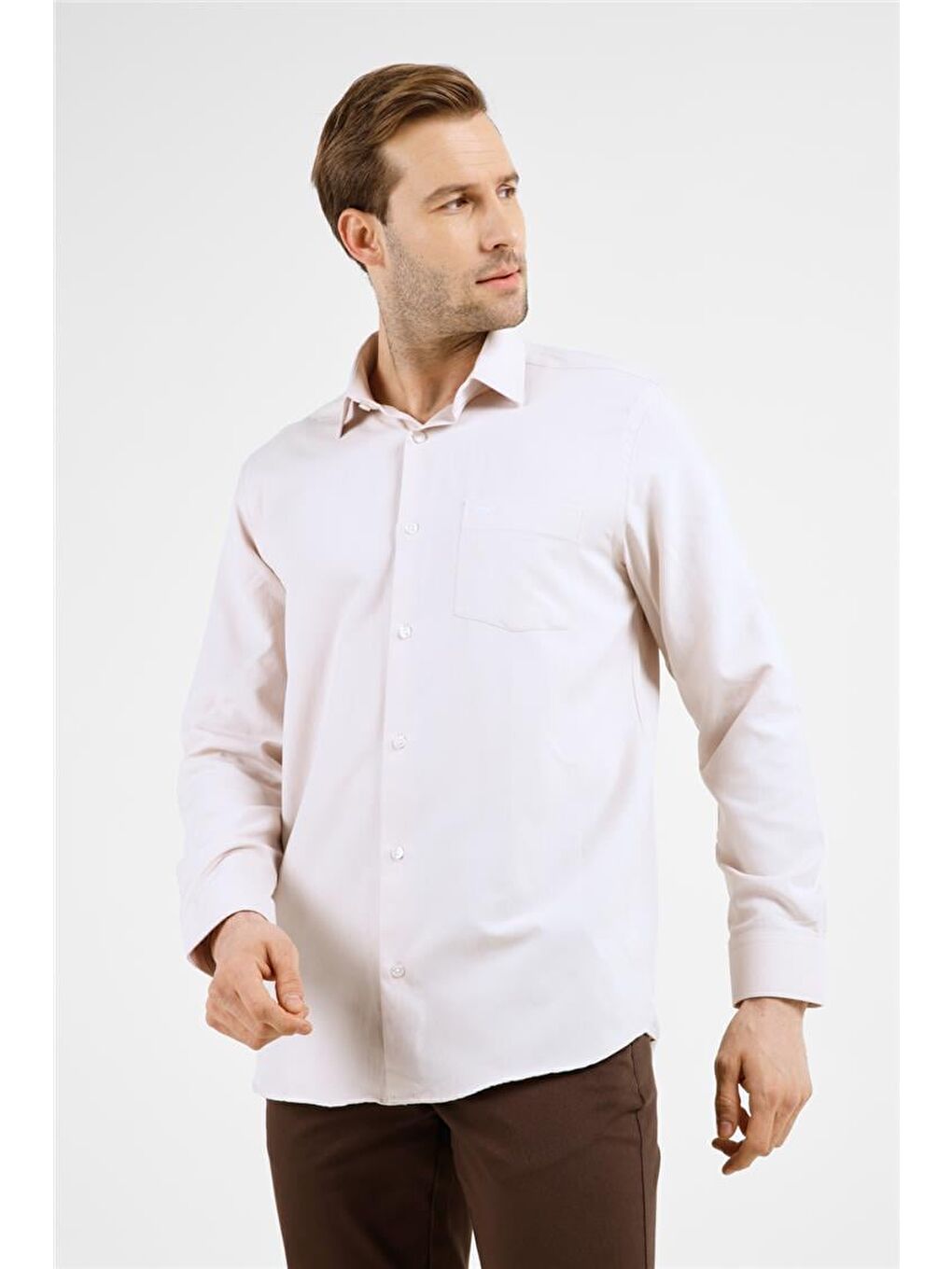 Koyu Bej Sert Yaka Uzun Kol Cepli Comfort Fit Pamuklu Gömlek 1004255285-2