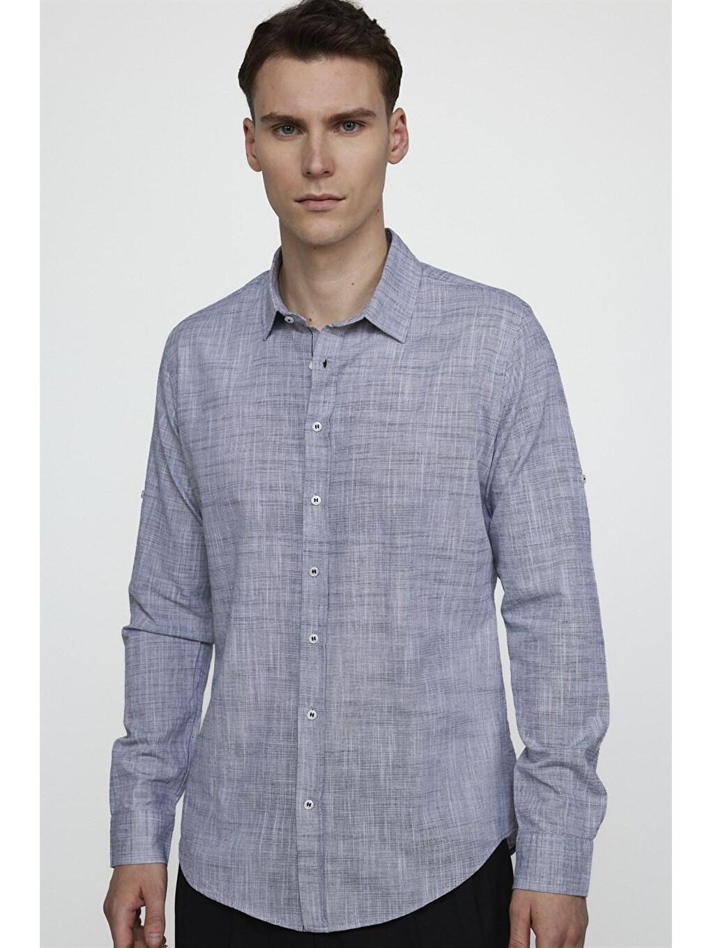 Slim Fit Uzun Kol Apoletli Keten Düz Erkek Lacivert Gömlek-1