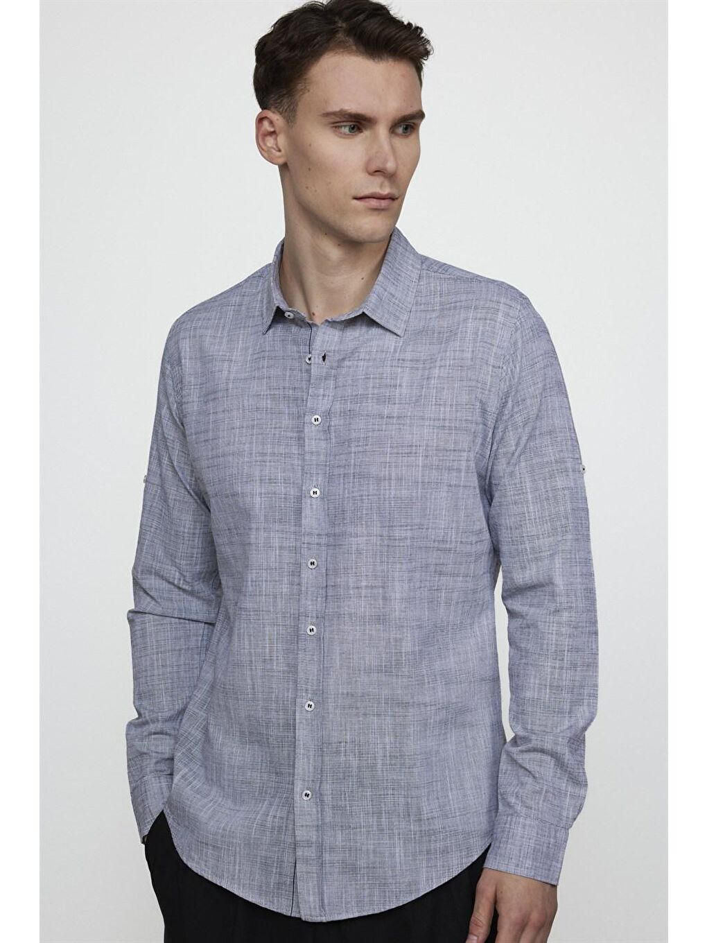 Slim Fit Uzun Kol Apoletli Keten Düz Erkek Lacivert Gömlek