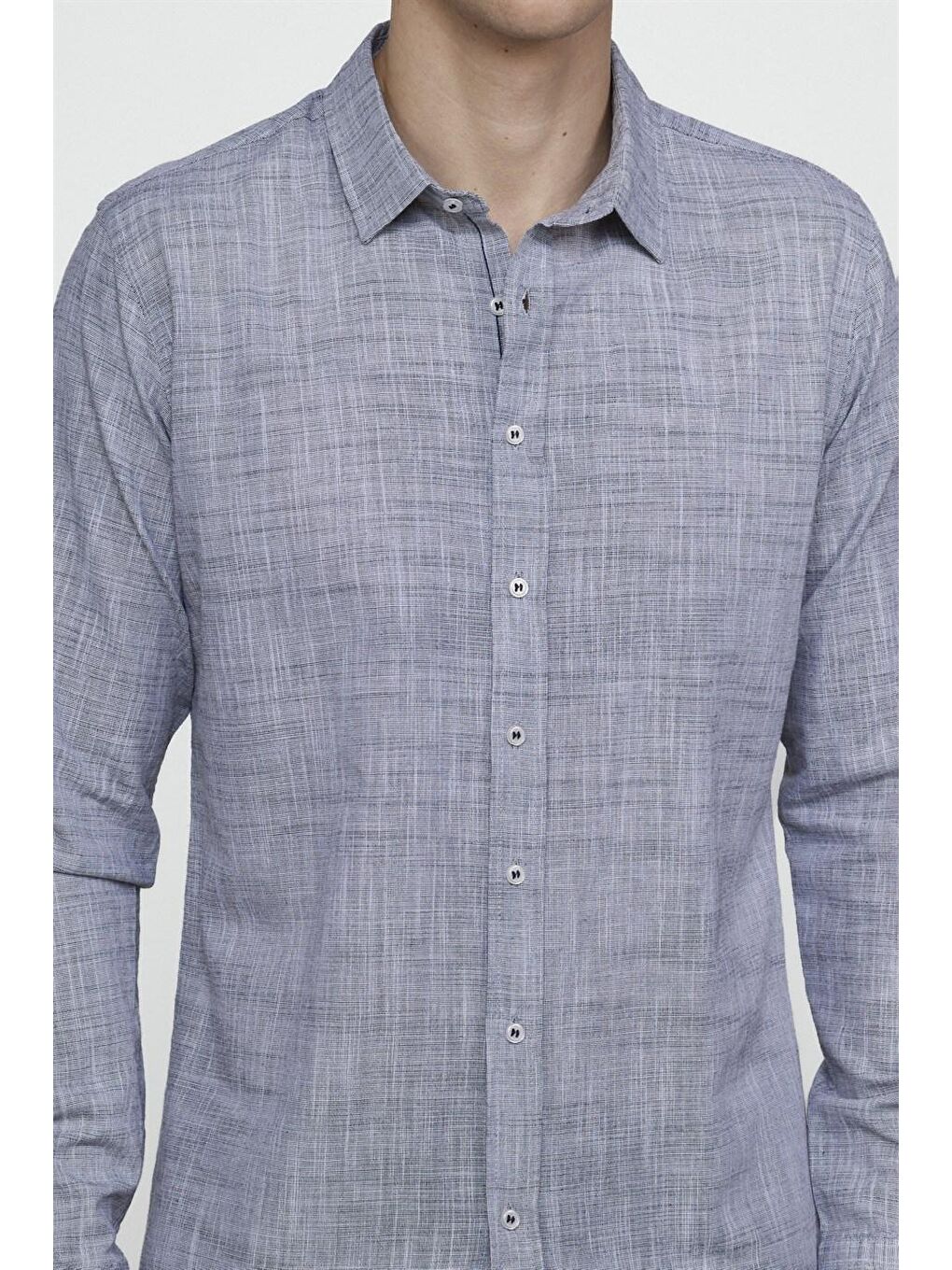 Slim Fit Uzun Kol Apoletli Keten Düz Erkek Lacivert Gömlek-2