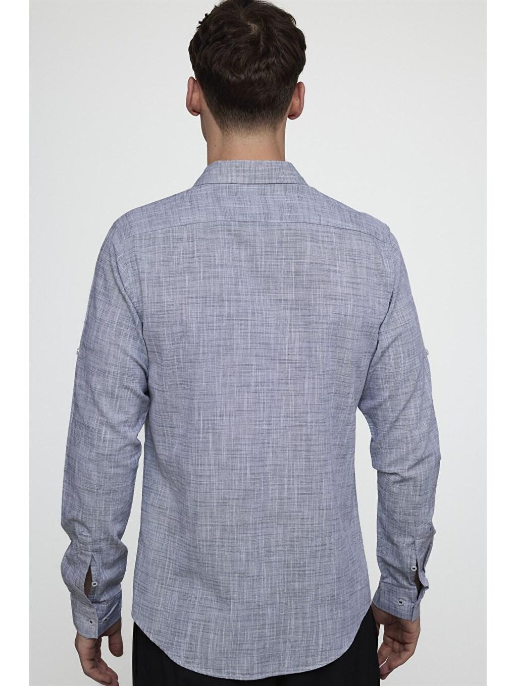 Slim Fit Uzun Kol Apoletli Keten Düz Erkek Lacivert Gömlek-3