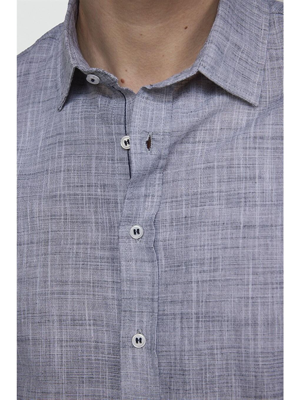 Slim Fit Uzun Kol Apoletli Keten Düz Erkek Lacivert Gömlek-4