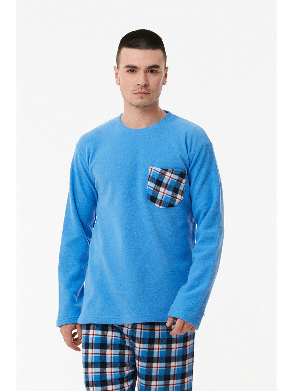 Mavi Ekose Desenli Polar Pijama Takımı