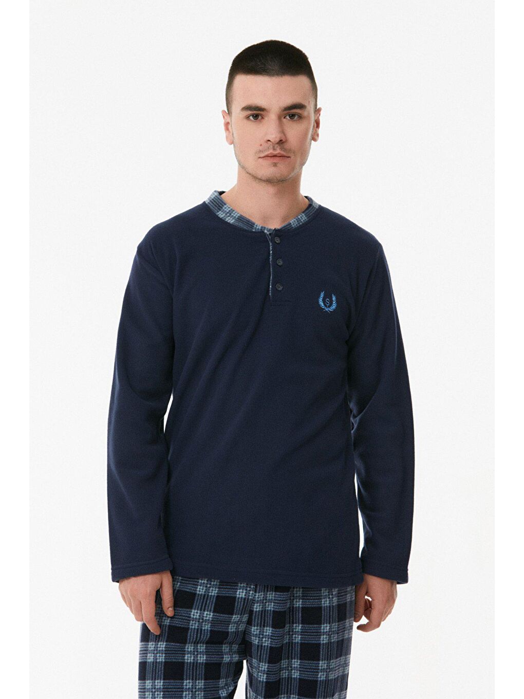 Lacivert Ekose Desenli Polar Pijama Takımı-1