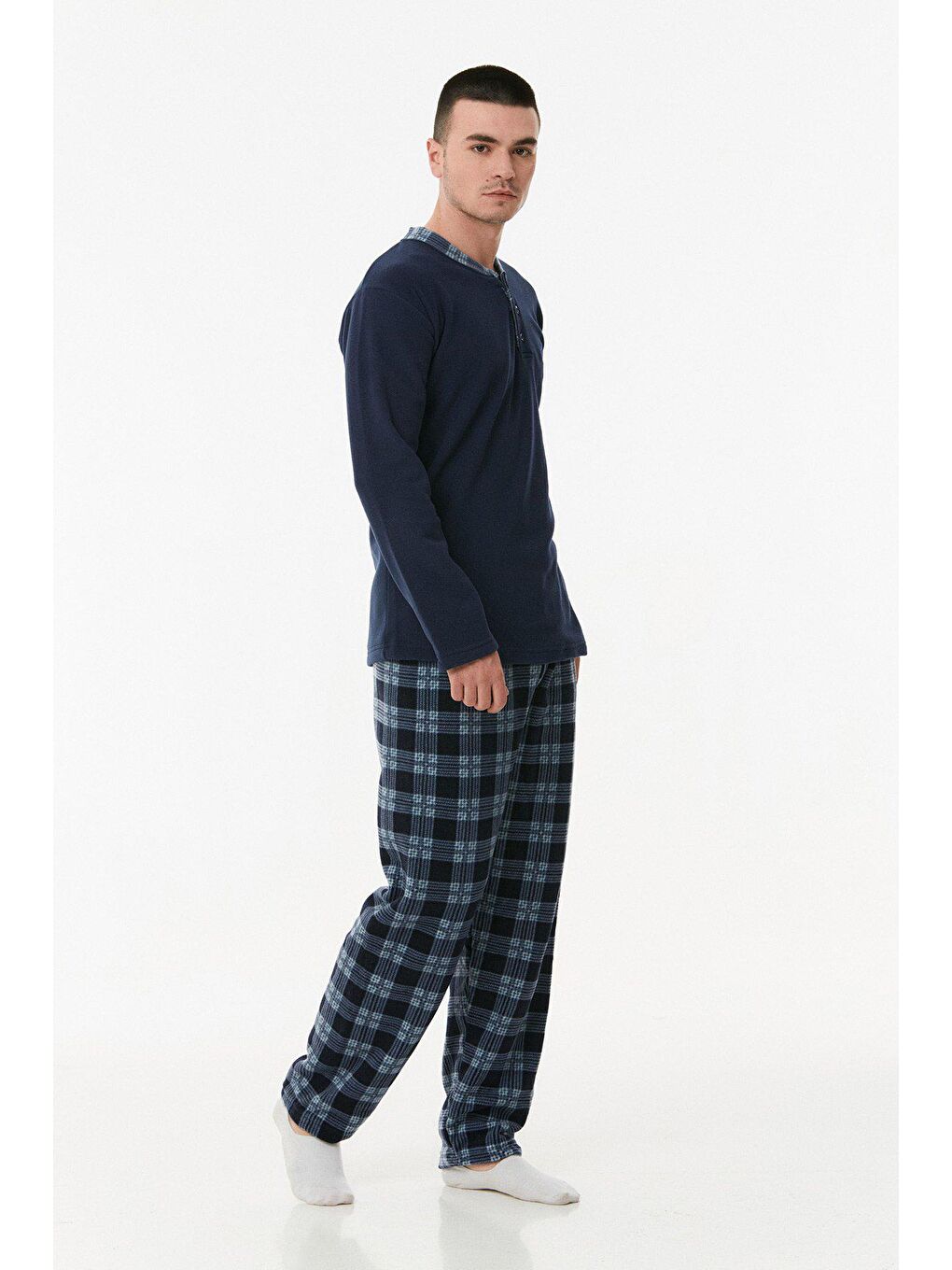 Lacivert Ekose Desenli Polar Pijama Takımı-2