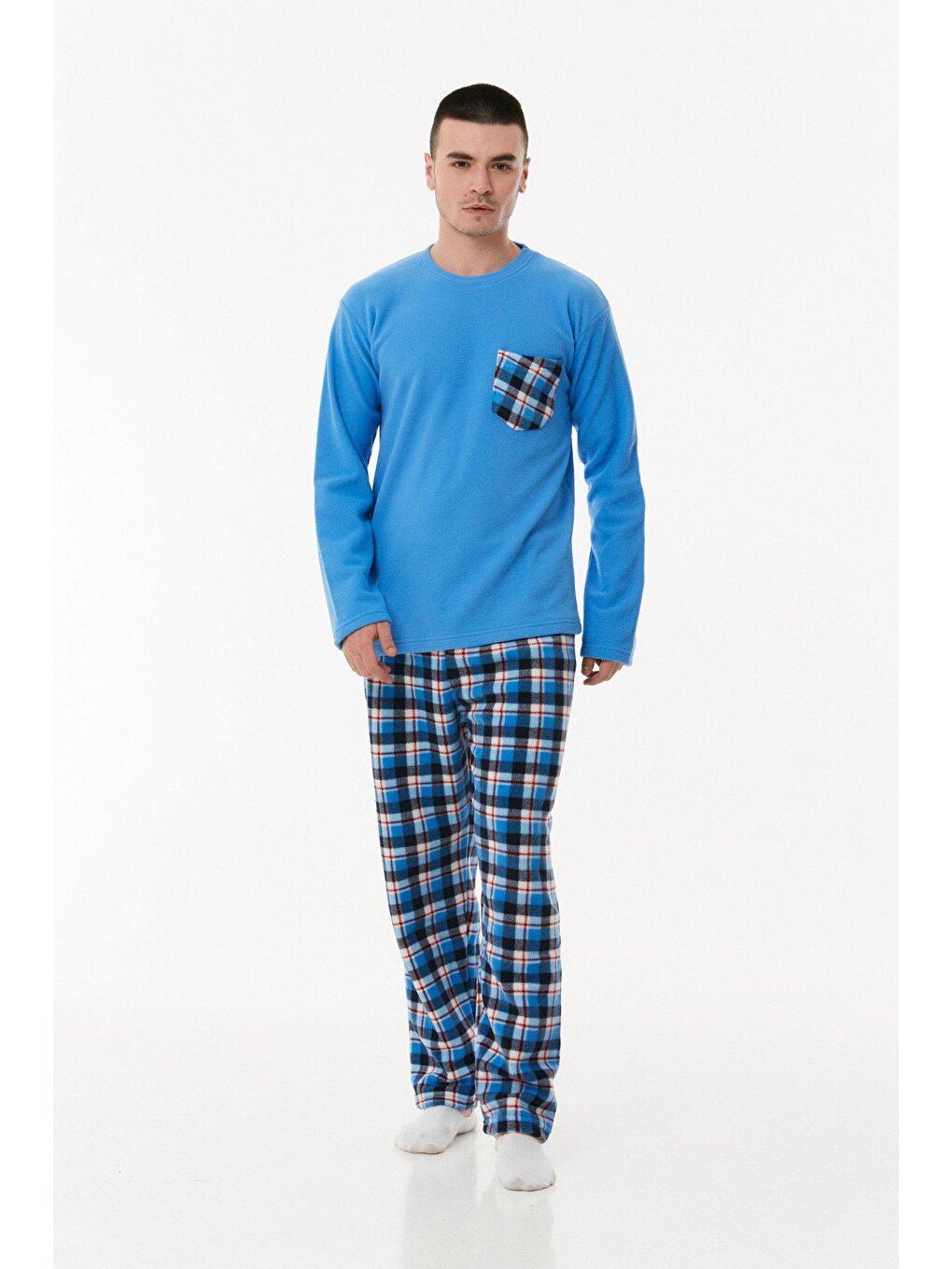 Mavi Ekose Desenli Polar Pijama Takımı-1