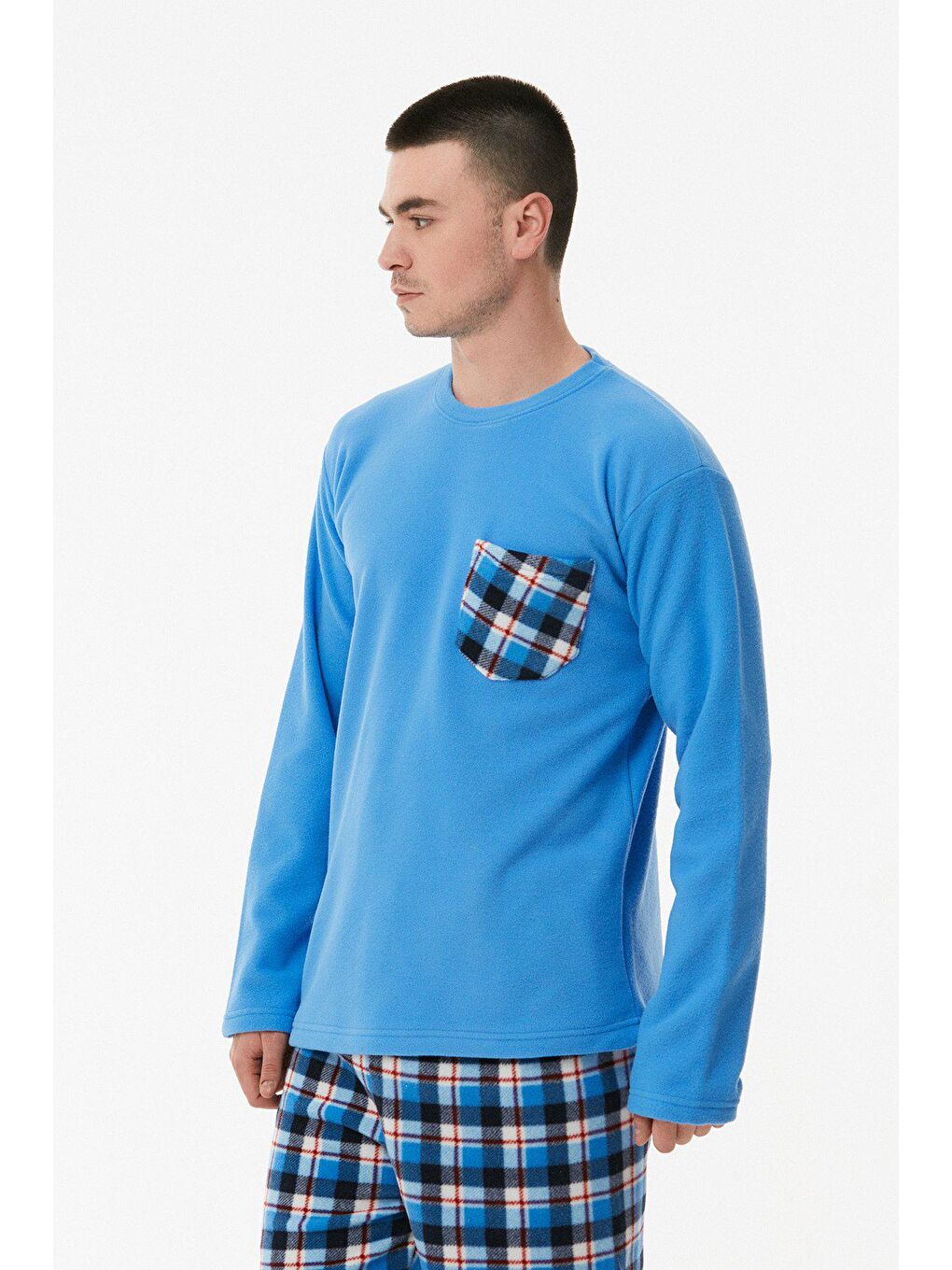 Mavi Ekose Desenli Polar Pijama Takımı-2