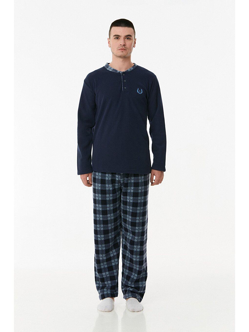 Lacivert Ekose Desenli Polar Pijama Takımı-4