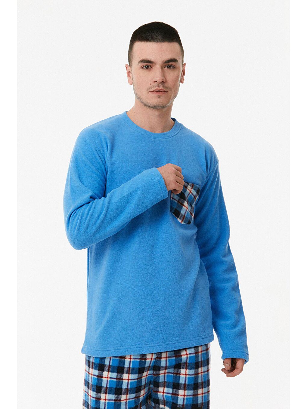 Mavi Ekose Desenli Polar Pijama Takımı-3