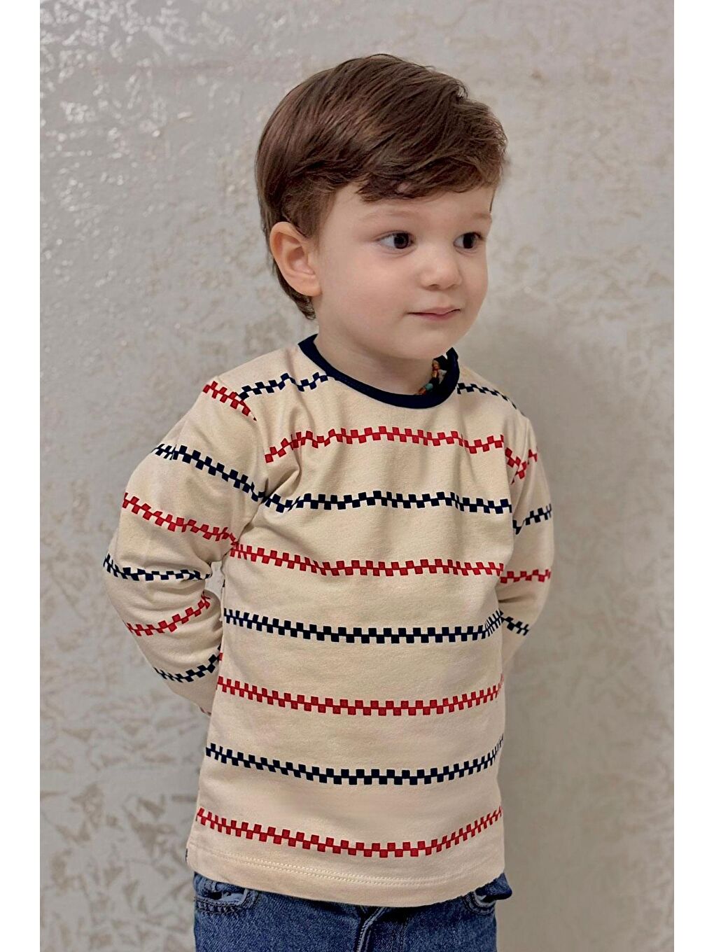 Ekru Erkek Bebek Uzun Kollu Tişört Patlı Minimal Marin Çizgili Krem (9 Ay-3 Yaş)