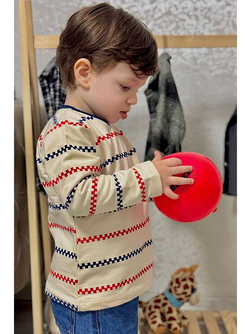 Ekru Erkek Bebek Uzun Kollu Tişört Patlı Minimal Marin Çizgili Krem (9 Ay-3 Yaş)-1