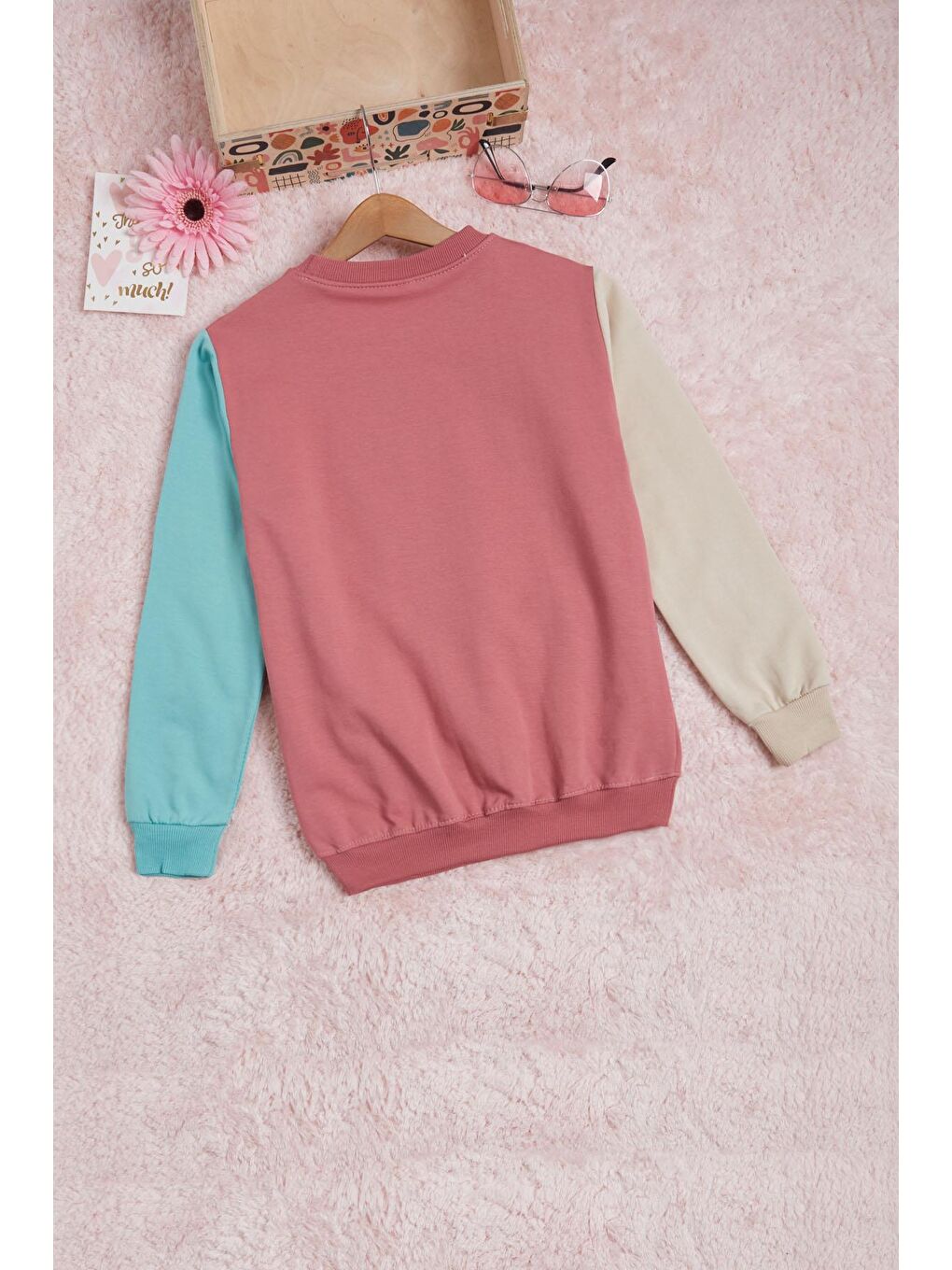 Pembe Gül Kurusu Kolları Renkli Yazı Baskılı Kız Çocuk Sweatshirt 16284-4