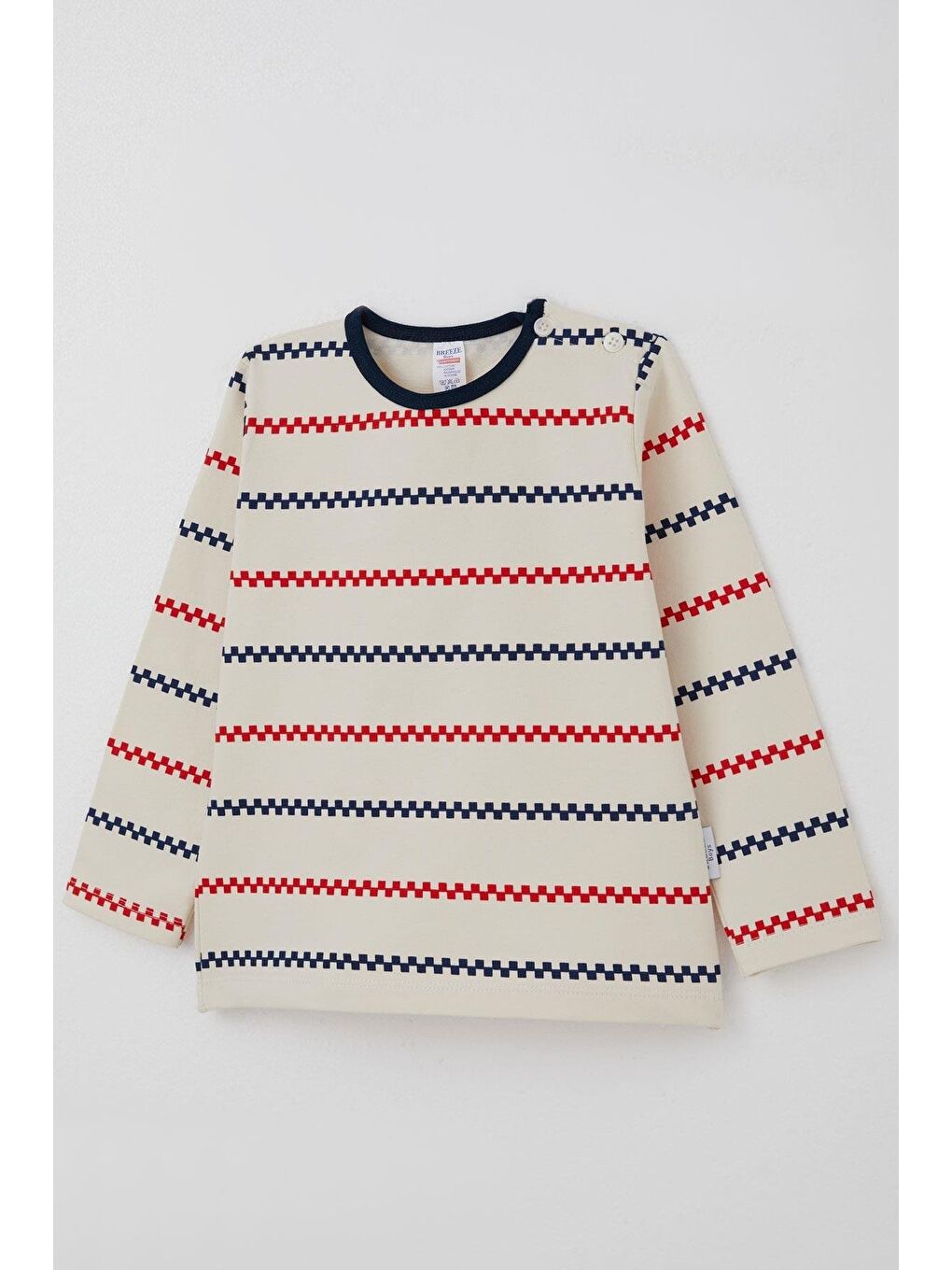 Ekru Erkek Bebek Uzun Kollu Tişört Patlı Minimal Marin Çizgili Krem (9 Ay-3 Yaş)-5