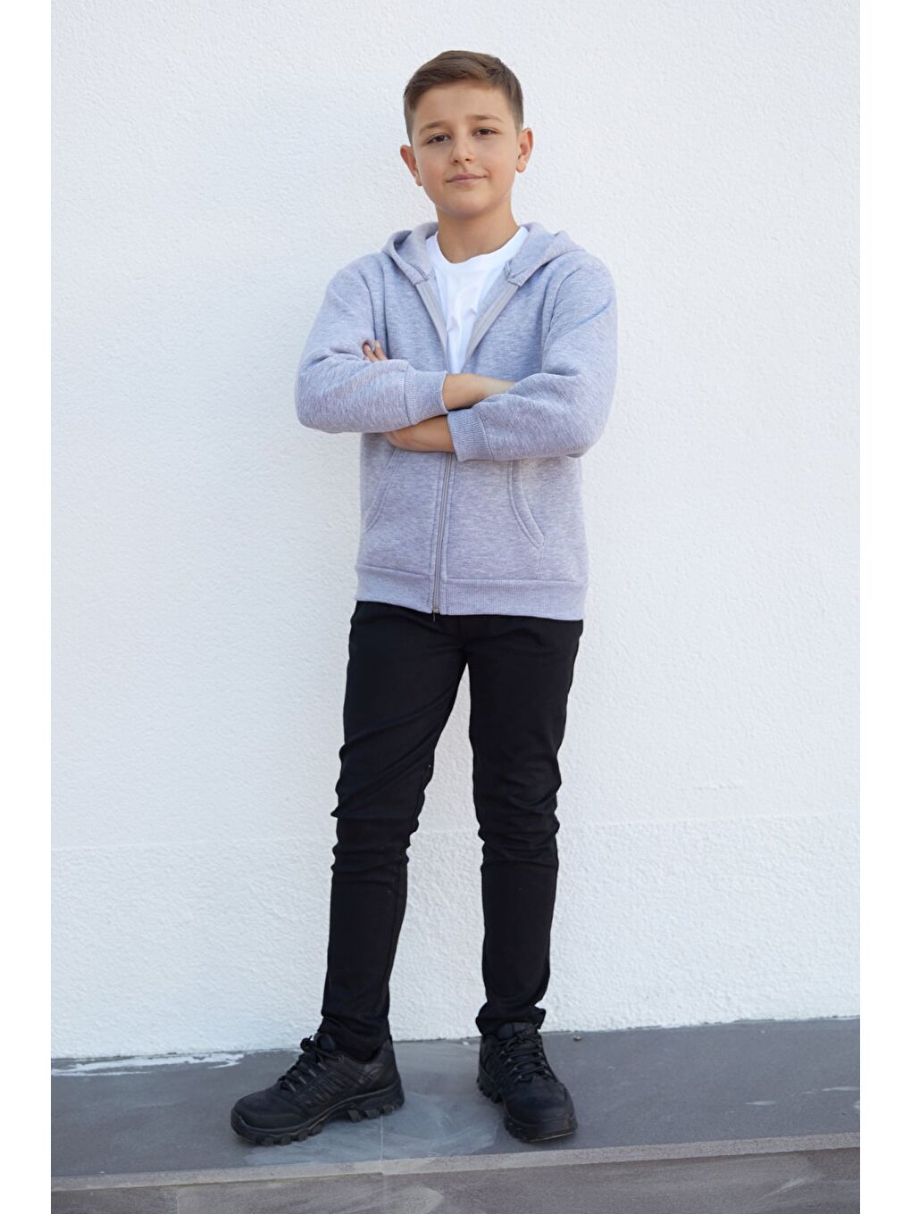 Gri Kapüşonlu Fermuarlı Unisex Çocuk Sweatshirt-1