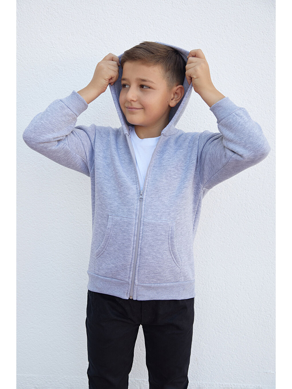Gri Kapüşonlu Fermuarlı Unisex Çocuk Sweatshirt-2