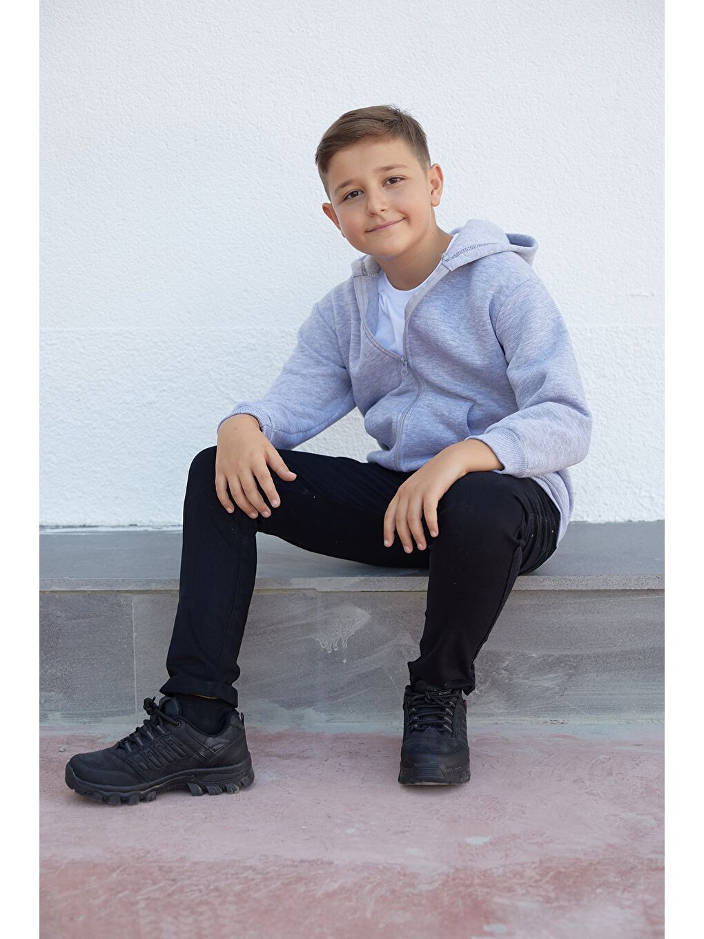 Gri Kapüşonlu Fermuarlı Unisex Çocuk Sweatshirt-3