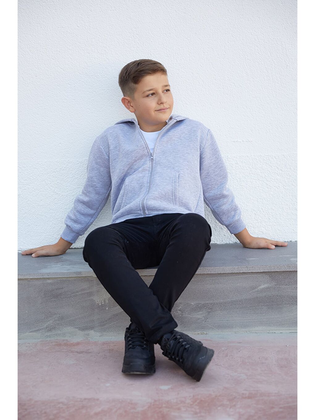Gri Kapüşonlu Fermuarlı Unisex Çocuk Sweatshirt-4
