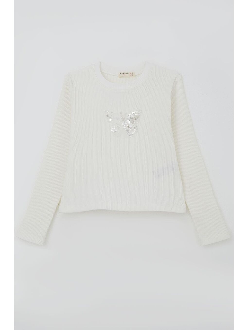 Kız Çocuk Uzun Kollu Tişört Kelebek Arma Detaylı Pullu İncili Ekru (8-14 Yaş)-2