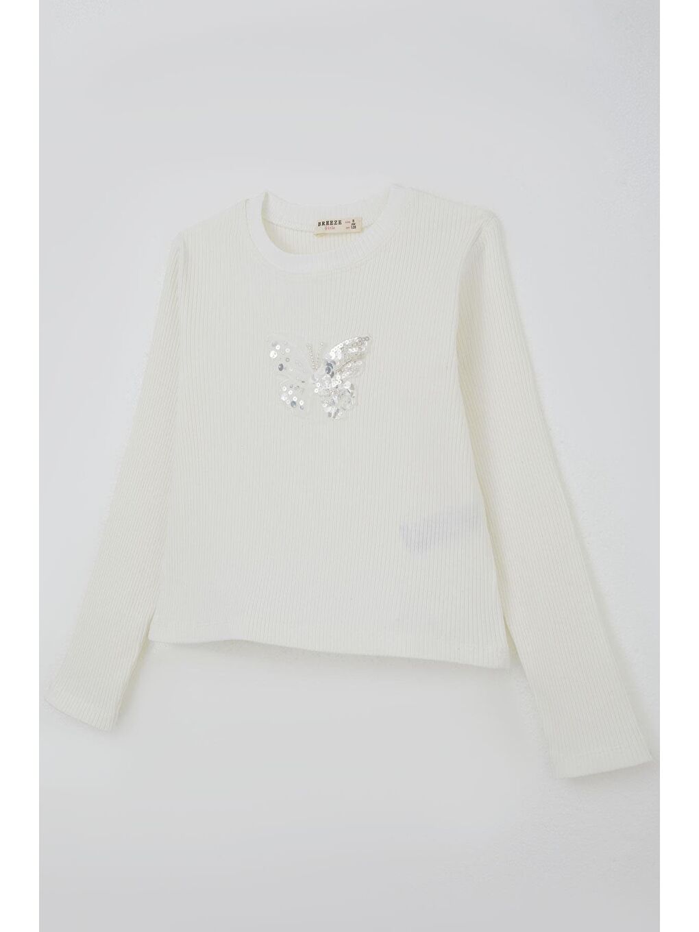 Kız Çocuk Uzun Kollu Tişört Kelebek Arma Detaylı Pullu İncili Ekru (8-14 Yaş)-4