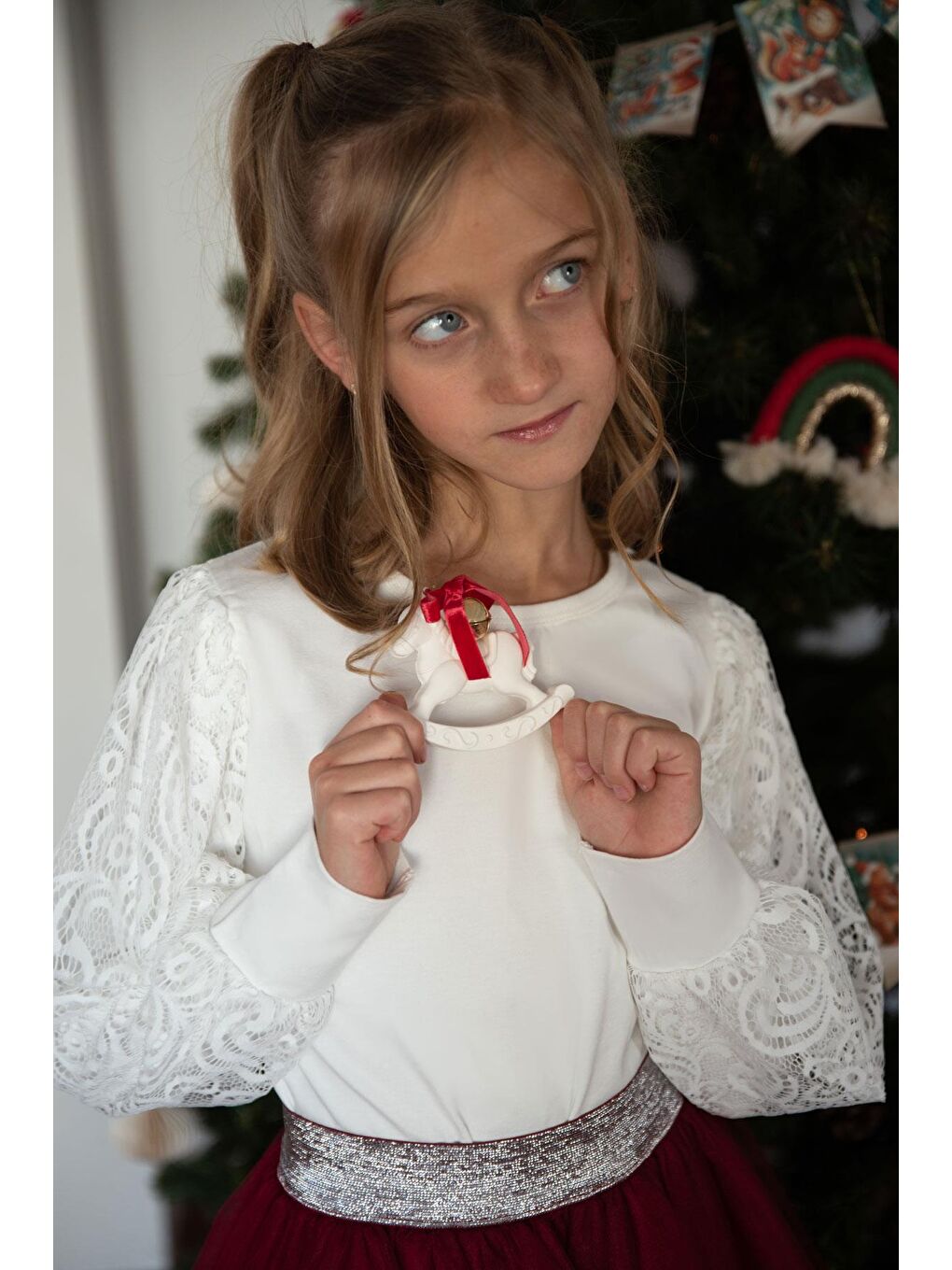 Kız Çocuk Uzun Kollu Tişört Kolları Dantel Detaylı Ekru (8-12 Yaş)-1