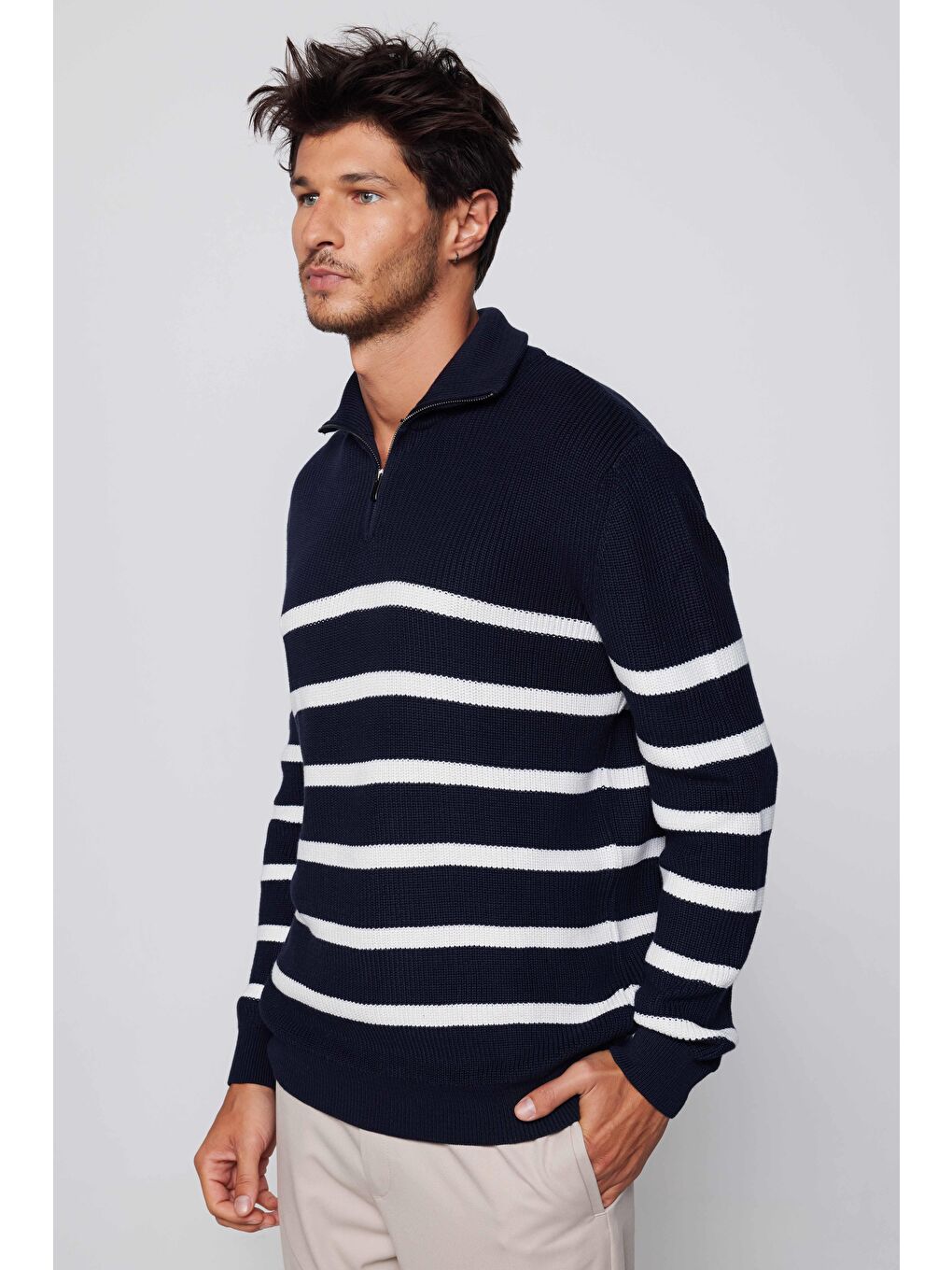 Karışık Erkek Slim Fit Fermuarlı Dik Yaka Çizgili Pamuklu Kazak-1