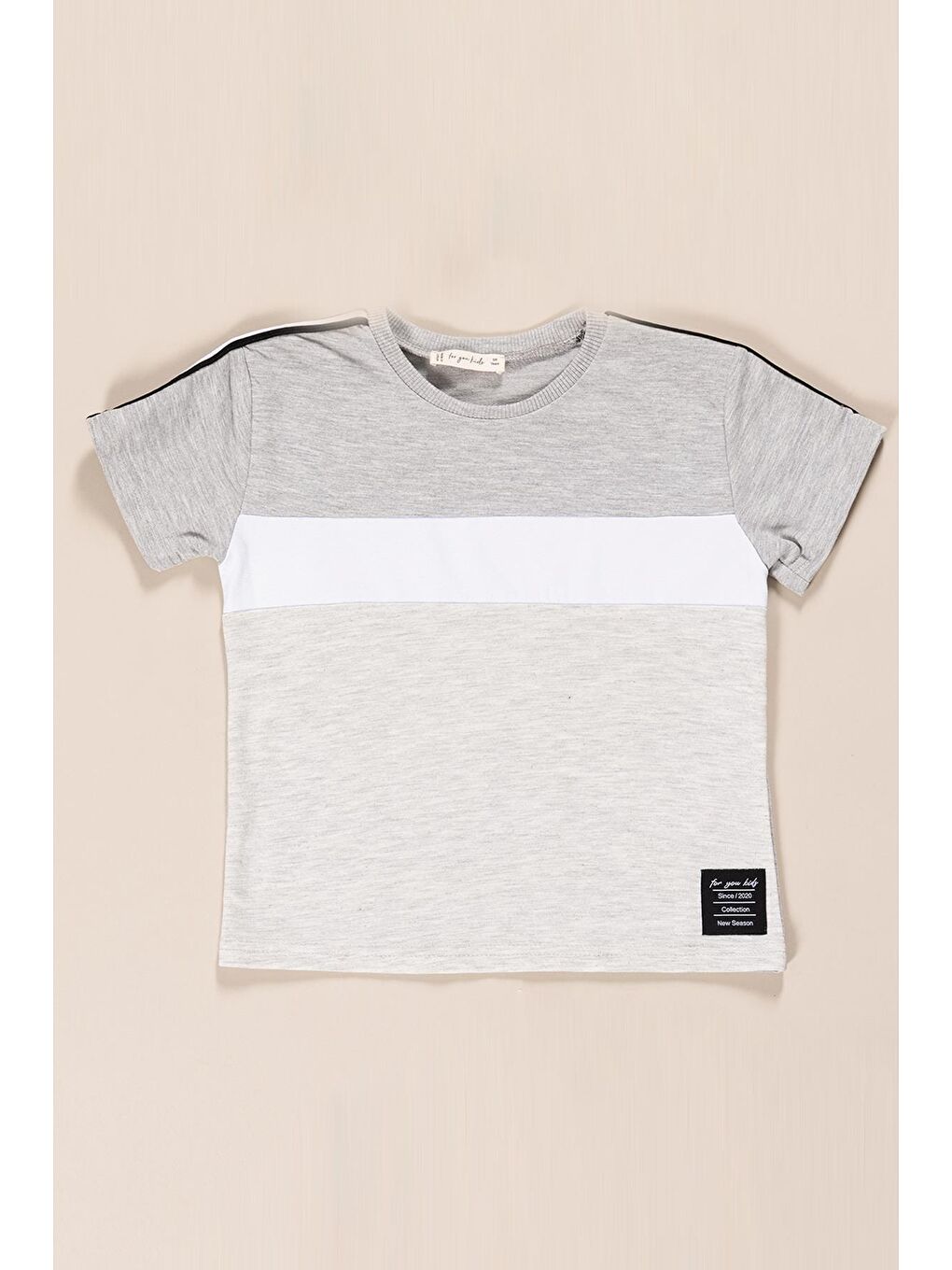 Etiket Ve Yanı Şerit Çizgi Detaylı Erkek Çocuk T-Shirt Şort Takım | Gri-2