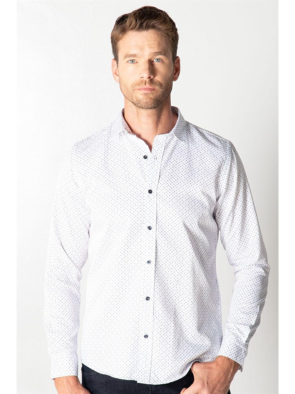 Beyaz Slım Fit Uzun Kol Baskılı Desenli Erkek Gömlek