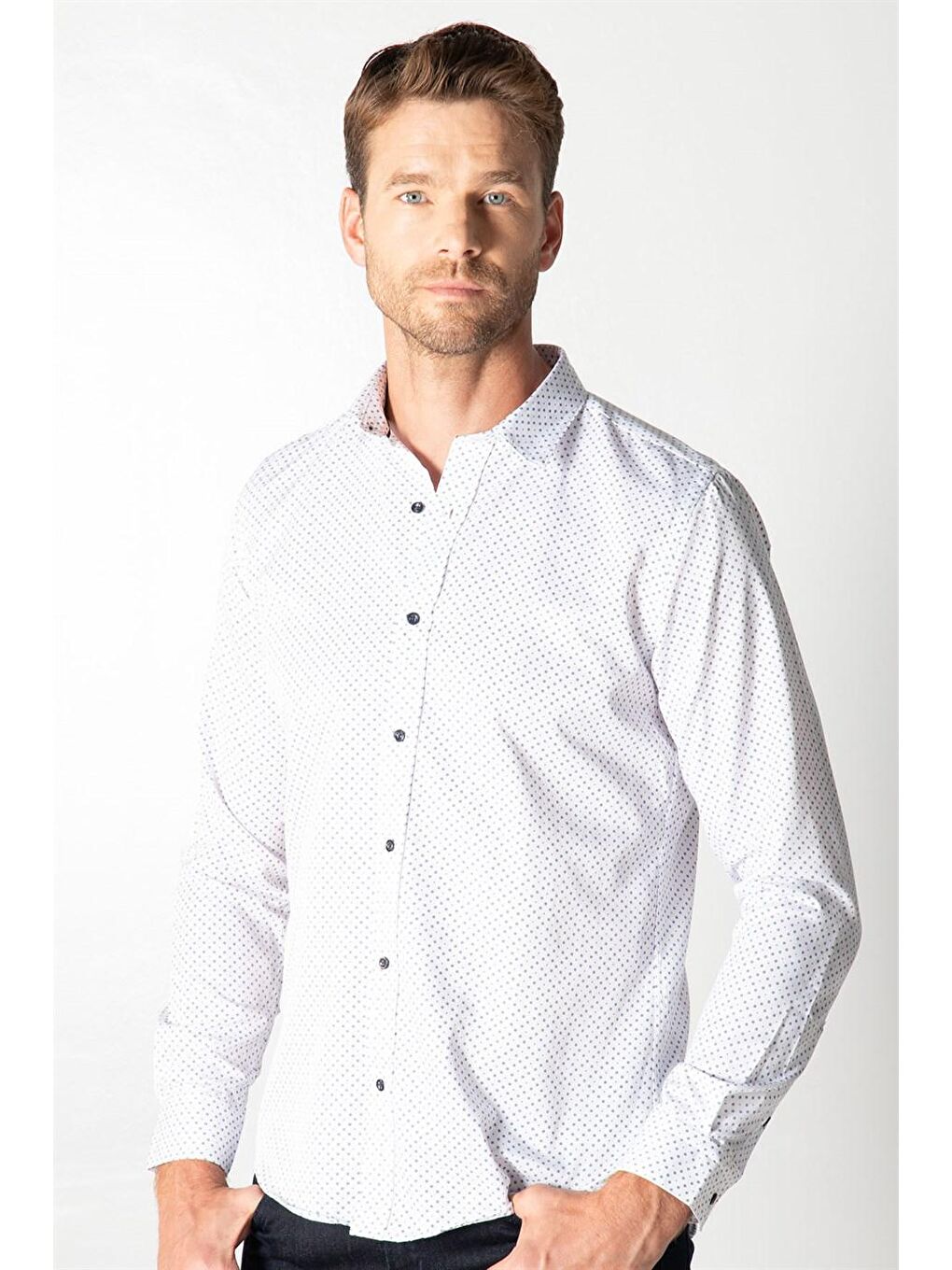 Beyaz Slım Fit Uzun Kol Baskılı Desenli Erkek Gömlek-1