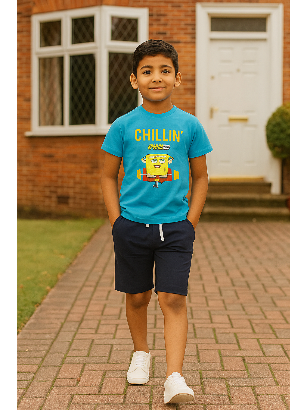 4'Lü Sünger Bob Baskı Lacivert Tshirt Şort Pantolon Takım-1