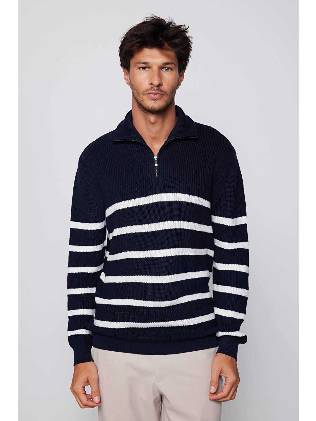Karışık Erkek Slim Fit Fermuarlı Dik Yaka Çizgili Pamuklu Kazak-2