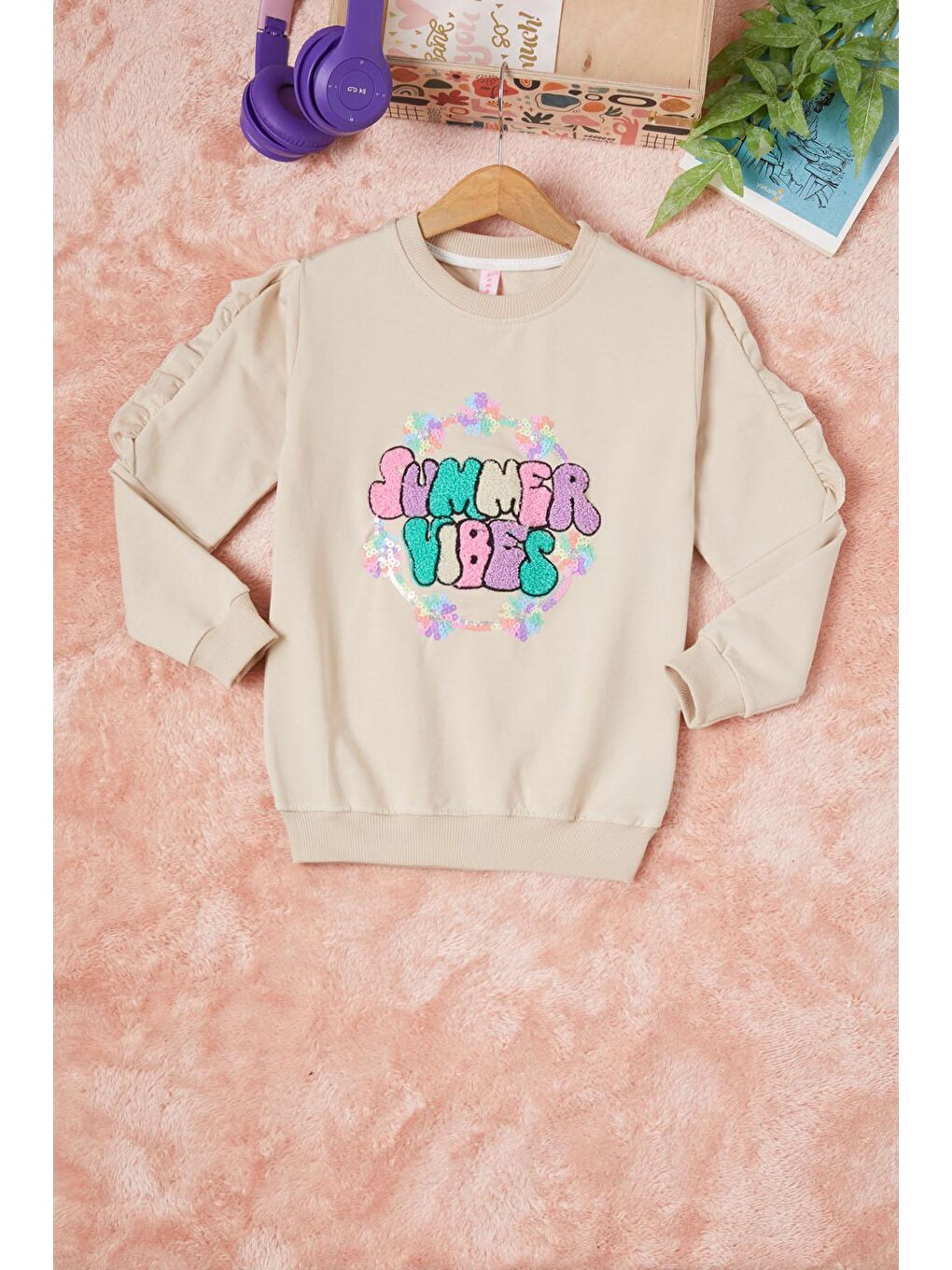 Ekru Krem Summer Yazı Nakışlı Kız Çocuk Sweatshirt 16581
