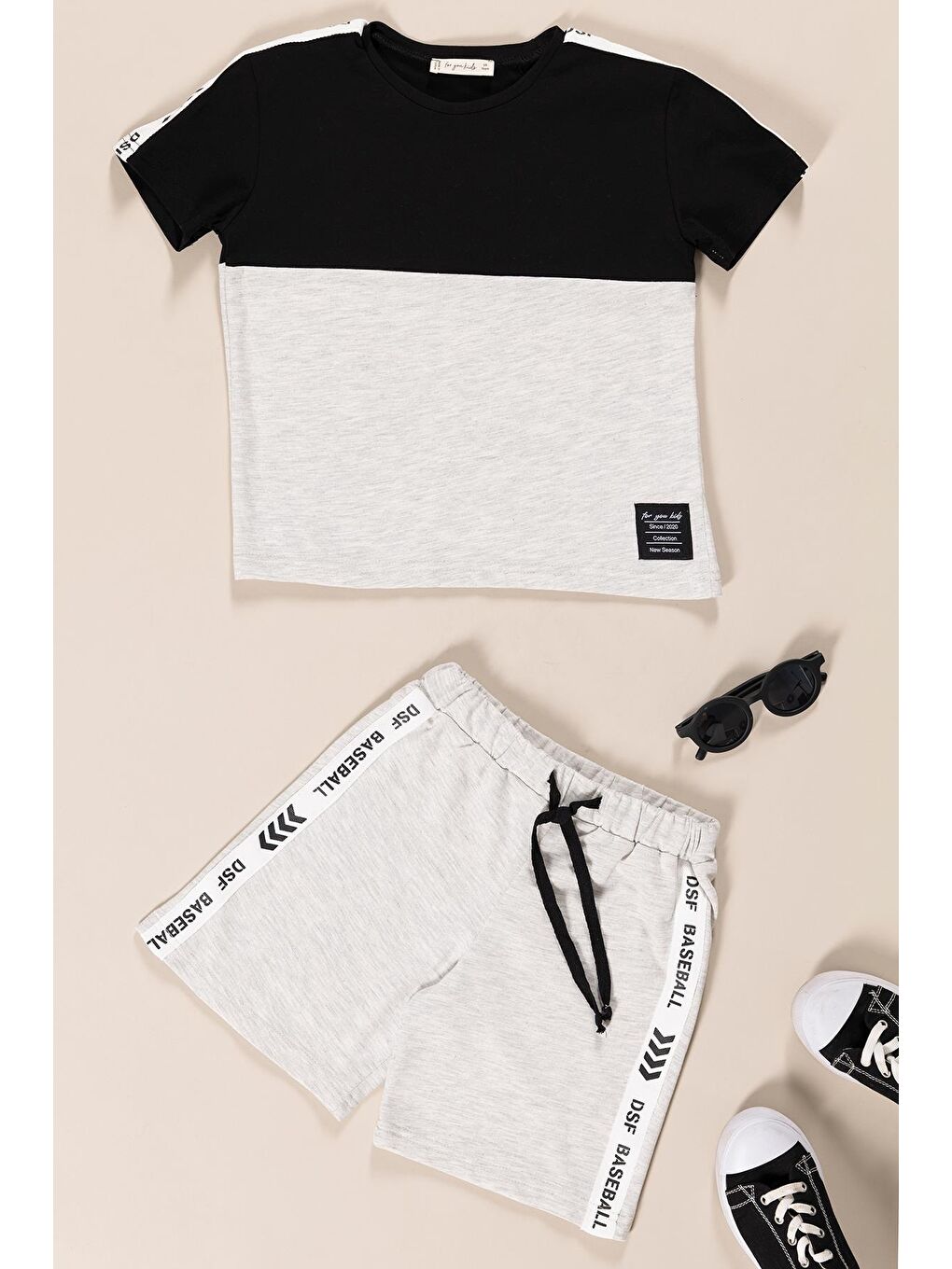 Etiket Ve Şort Yanı Baseball Baskı Detaylı Erkek Çocuk T-Shirt Şort Takım | Gri Siyah