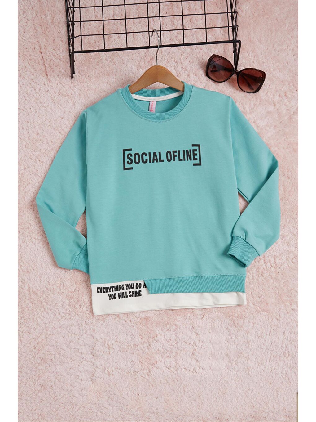 Yeşil Mint Yazı Baskılı Şeritli Kız Çocuk Sweatshirt 16287