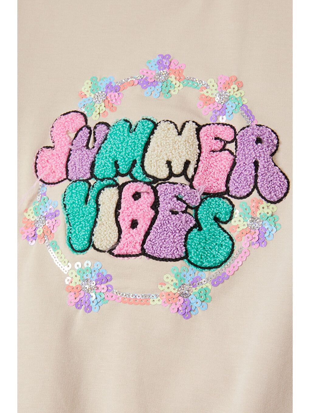 Ekru Krem Summer Yazı Nakışlı Kız Çocuk Sweatshirt 16581-1