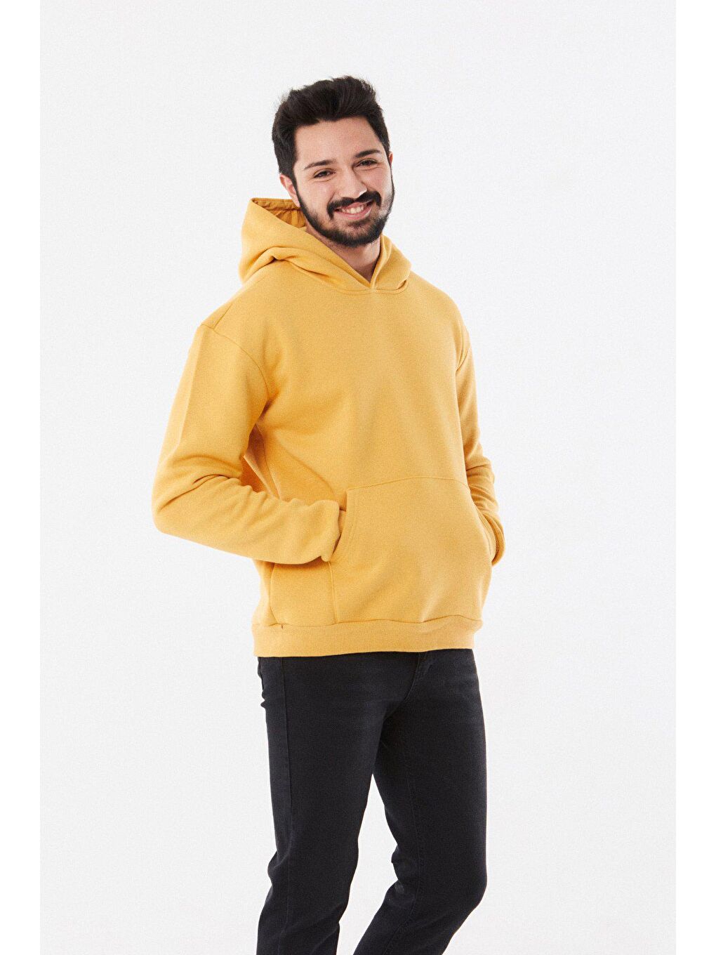 Sarı Kanguru Cepli Kapüşonlu Sweatshirt-1