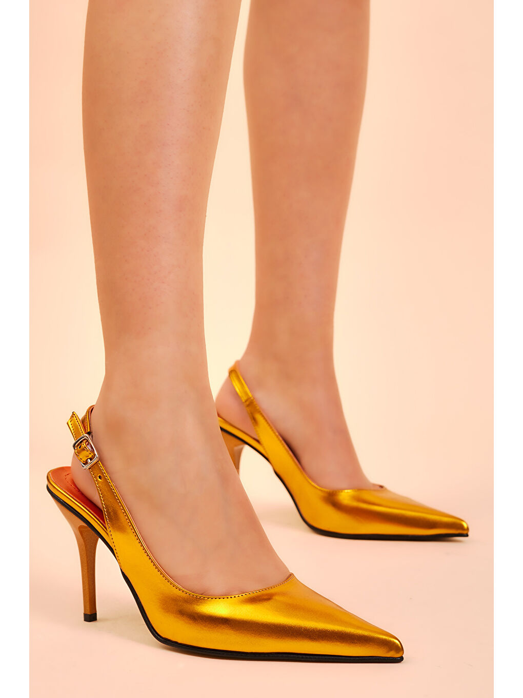Turuncu Kadın Oranj Gecce Serisi Rugan Sivri Burunlu Topuklu Ayakkabı-1