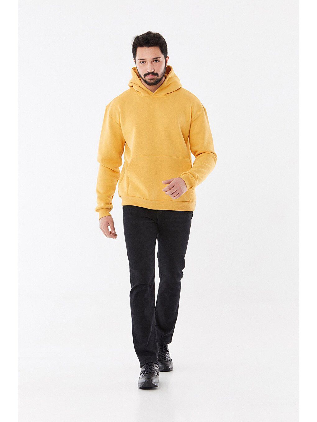 Sarı Kanguru Cepli Kapüşonlu Sweatshirt-2