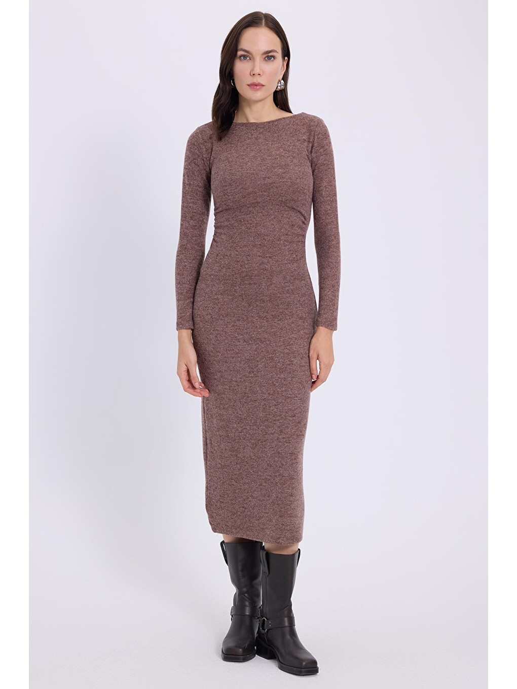 Kadın Slim Fit Dar Kesim Bisiklet Yaka Kahverengi Elbise-3