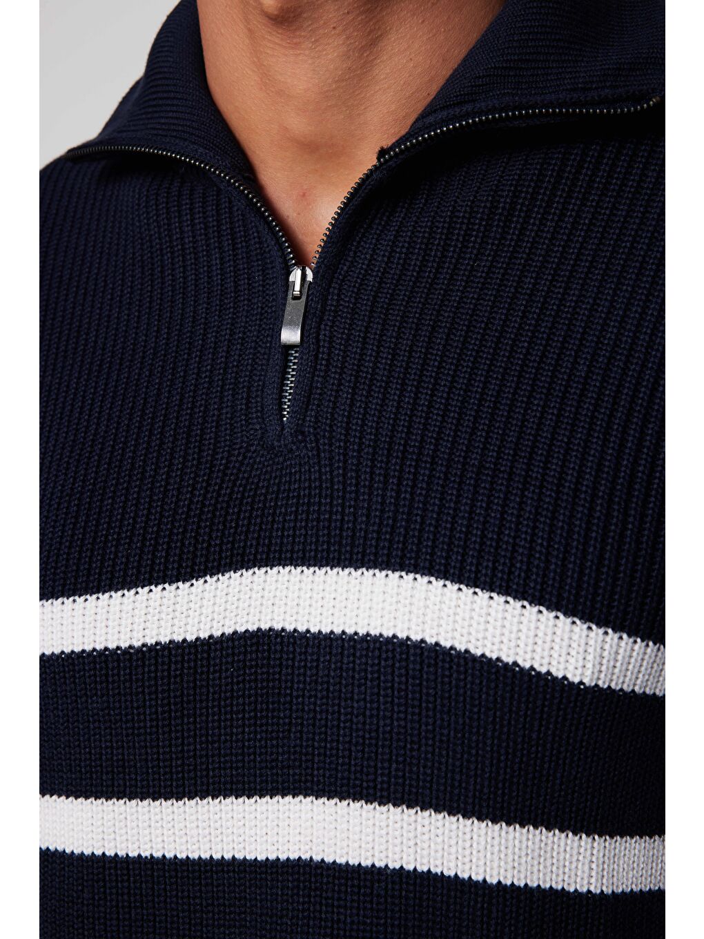 Karışık Erkek Slim Fit Fermuarlı Dik Yaka Çizgili Pamuklu Kazak-3