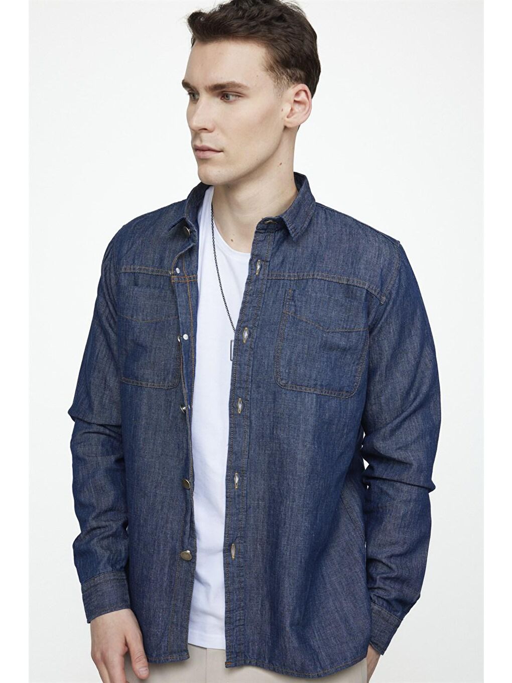 Slim Fit Önü Parçalı Çift Cepli Pamuklu Denim Erkek Lacivert Jean Gömlek