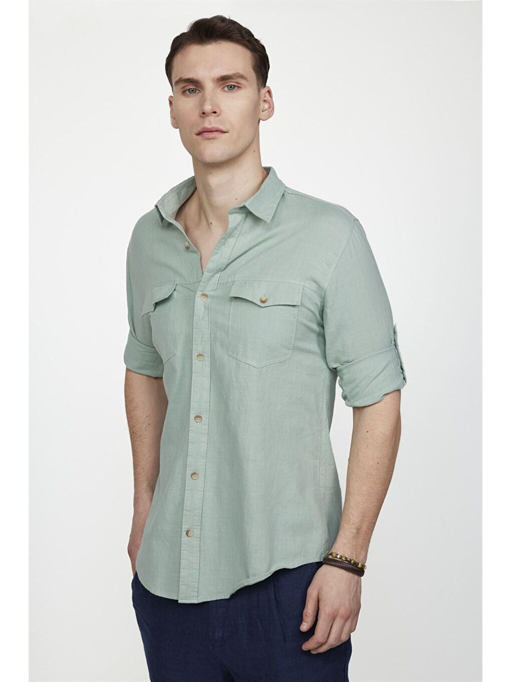 Slim Fit Uzun Kol Çift Cep Pamuk Keten Spor Yaka Erkek Yeşil Gömlek-1